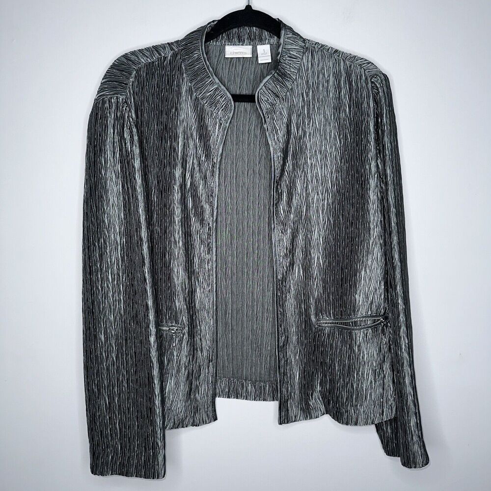 Chico’s Women’s Herringbone Braided Open Front Jacket Metallic Green Size 1